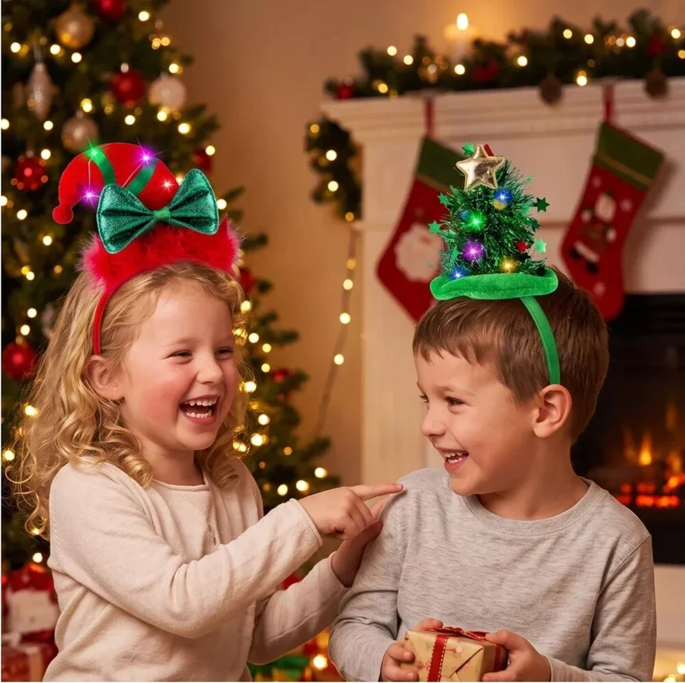 2 Pack Christmas LED Light Up Headbands Tree Elf Hat Holiday Party Costume